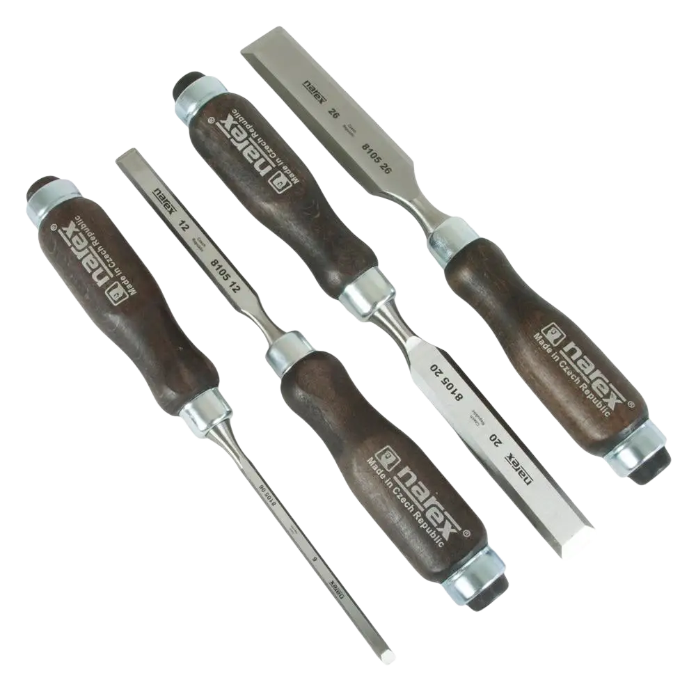 Puutalttisarja narex pro 4 osaa 6 12 20 26 mm tummanruskeilla puisilla kahvoilla ja metallisilla puu line profi taltan terillä
