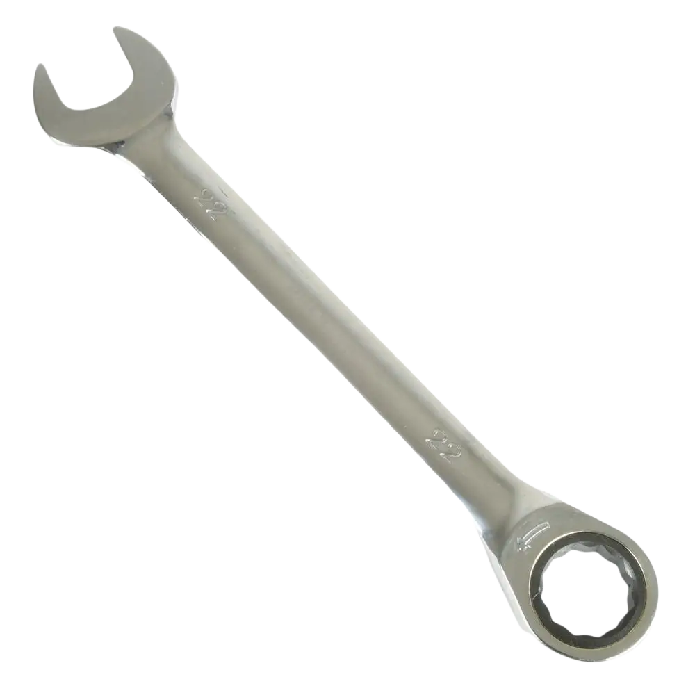 Shiny chrome-finished räikkälenkki Procat 22 mm combination wrench with fixed open end and adjustable ring end