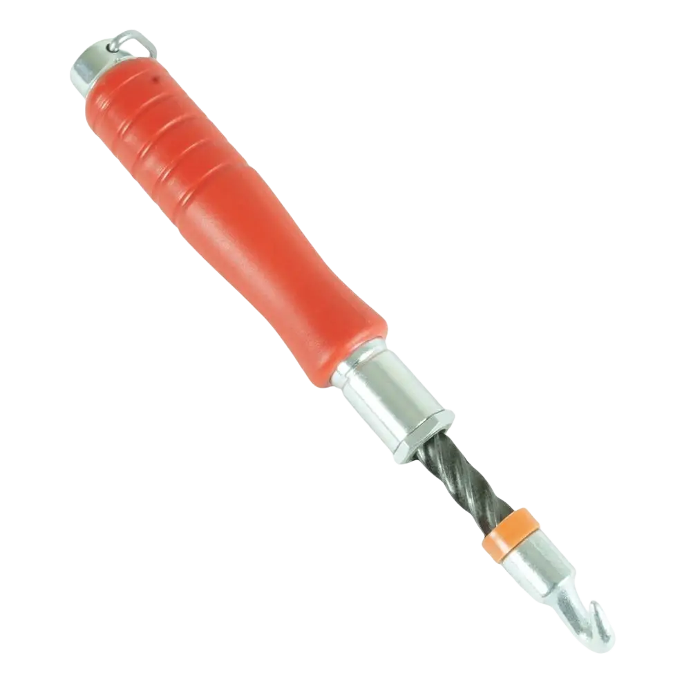 Punainen edma twister raudoituskoukku ergonomisella kahvalla, metallivinkillä ja oranssilla korostusrenkaalla