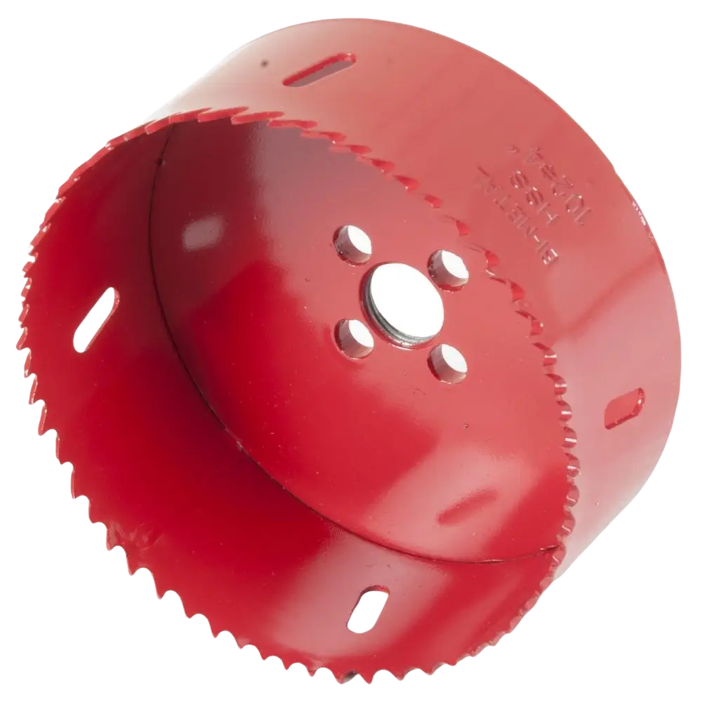 Punainen bimetalli reikäsaha procat 102 mm serratoidulla leikkaavalla reunalla ja neljällä kiinnitysreiällä