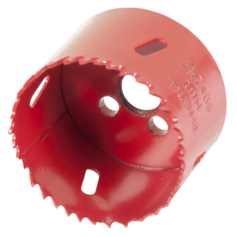 Punainen bimetalli reikäsaha procat 60 mm jossa sahalaitainen leikkuureuna ja useita kiinnitysreikiä