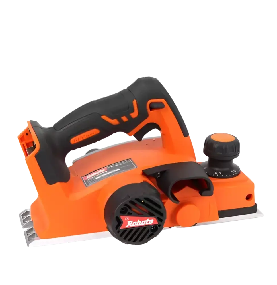 Robota akkuhöylä dc-p 18v oranssi musta tyylikäs akkuhöylä puun höyläämiseen teksturoitu kahva höyläysleveys 82mm