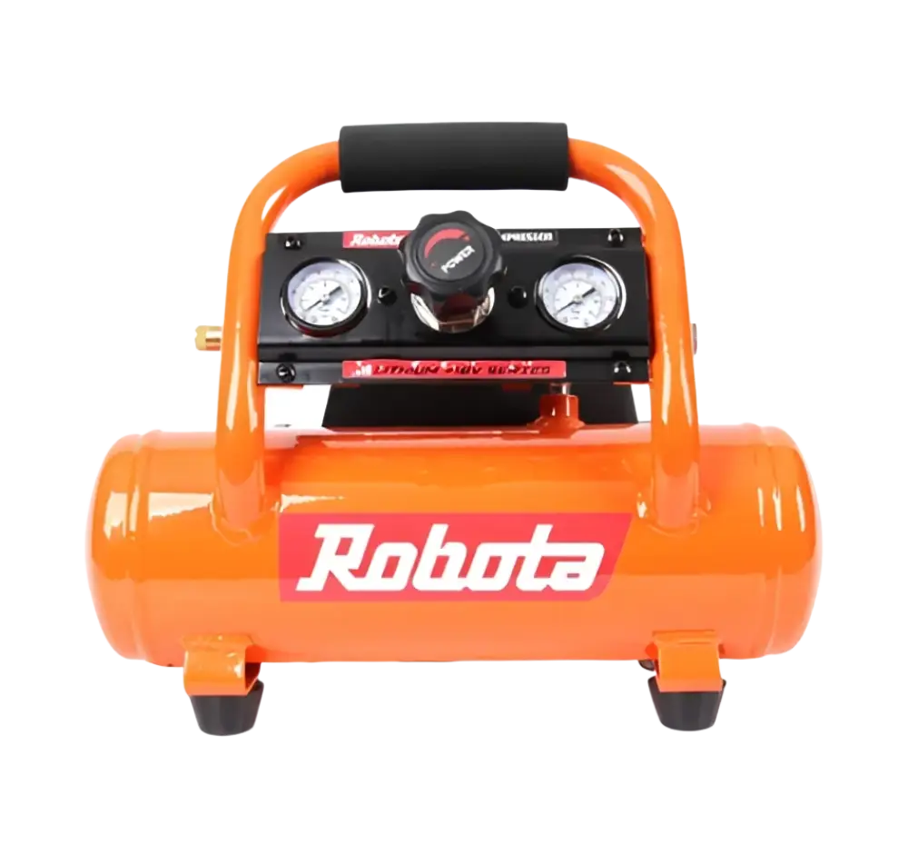 Oranssi robota akkukäyttöinen kompressori mustalla kahvalla ja kahdella mittarilla robota akkukompressori dc-g 18v runko