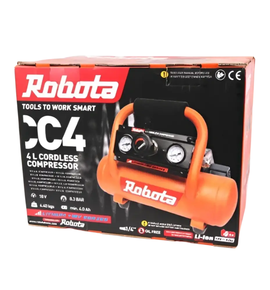 Oranssi robota xc4 4l akkukäyttöinen kompressori mustalla ohjauspaneelilla ja kahdella mittarilla robota akkukäyttöinen