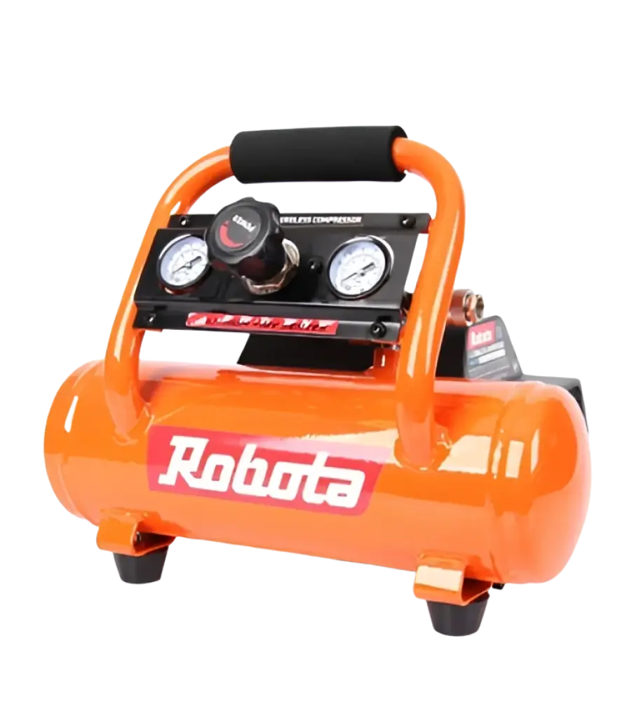 Robota akkukäyttöinen kompressori dc-g 18v runko oranssi kannettava kompressorimusta kahva ja mittaritaulu kahdella painemittarilla