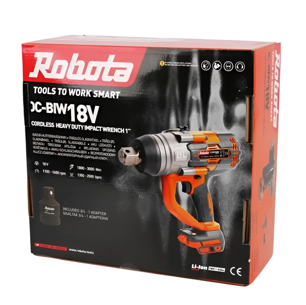 Robota dc-biw18v iskevä akkumutterinväännin orange ja hopea väreissä robota pakkauksessa