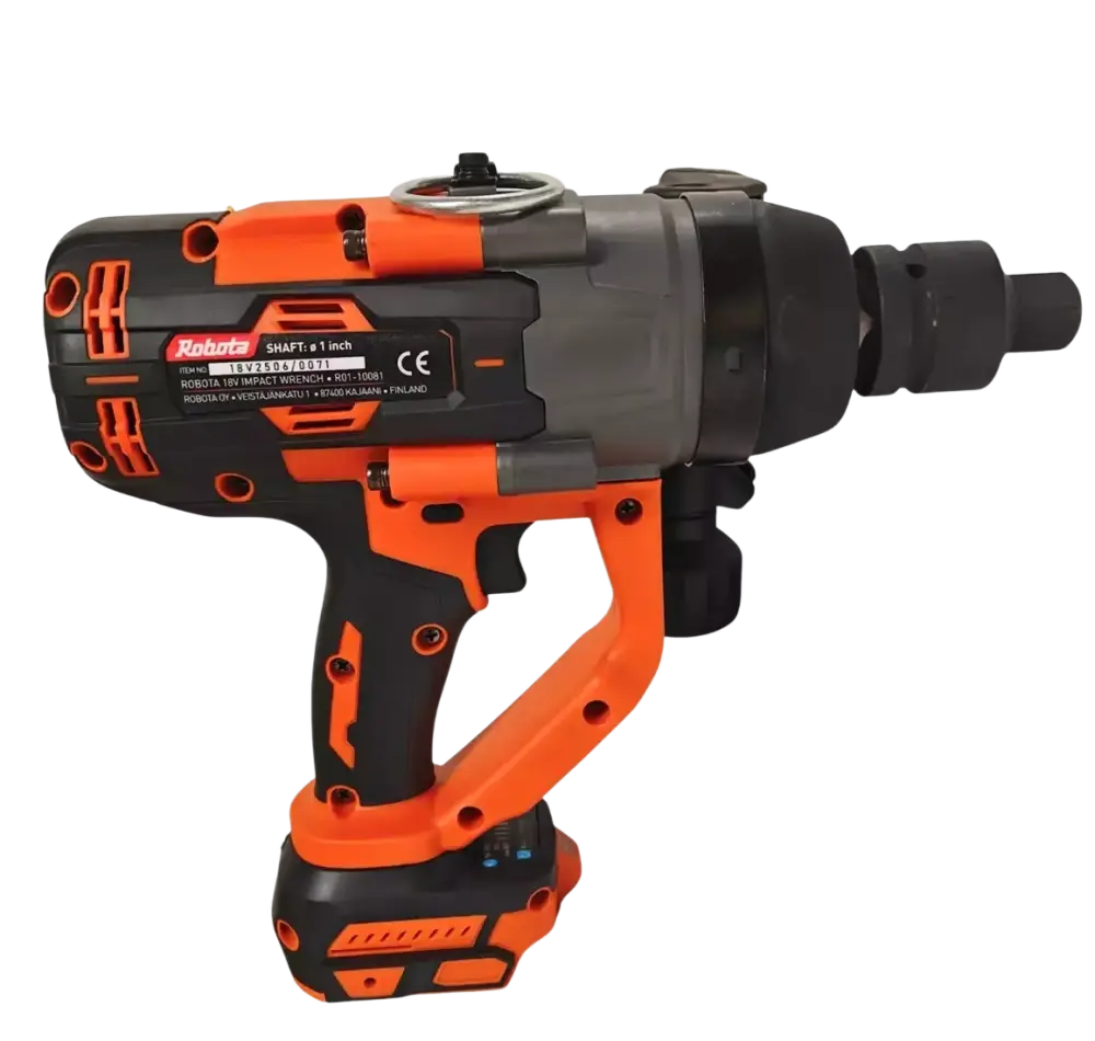 Robota dc-biw18v oranssi ja musta iskevä akkumutterinväännin 1 tuuman akselilla ergonomisilla kahvoilla ja akkupakkauksella