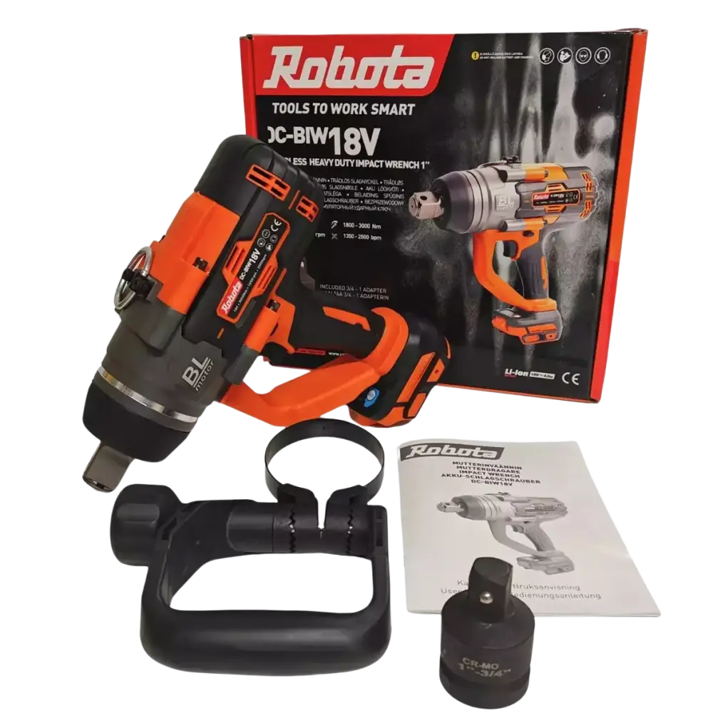 Robota dc-biw18v oranssi ja musta iskevä akkumutterinväännin 18v akulla ja ergonomisella kahvalla