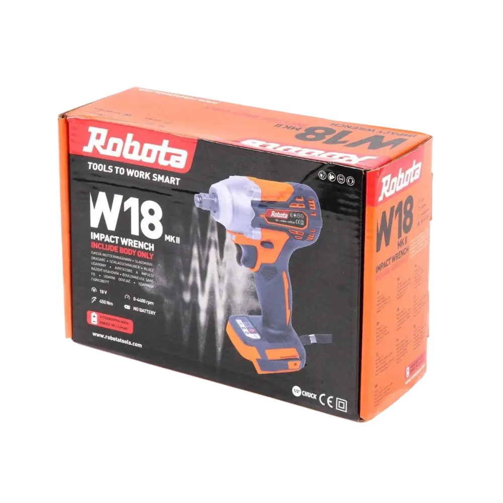 Robota w18 18v akkumutterinväännin oranssi musta kirkas muovikuori aukaisee tiukimmatkin auton pultit