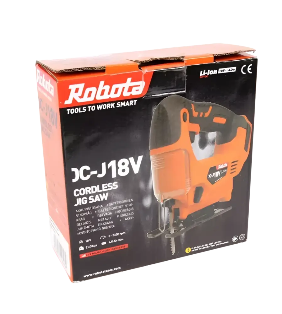 Robota akkukäyttöinen pistosaha dc-j 18v runko oranssi ja musta robota jc-j18v pakkauksessa