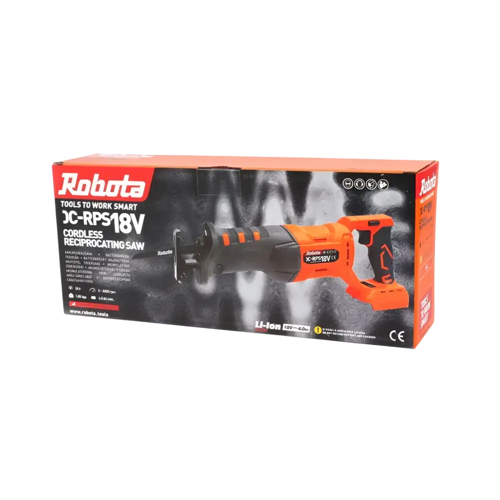Robota dc-rps18v akkupuukkosaha oranssi ja musta langaton sahalaatikossa