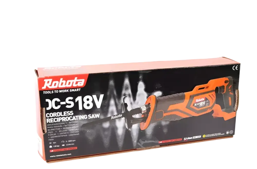 Robota akkukäyttöinen puukkosaha ds-s 18v oranssi ja musta muovin sahaukseen akkukäyttöinen puukkosaha myyntipakkauksessa