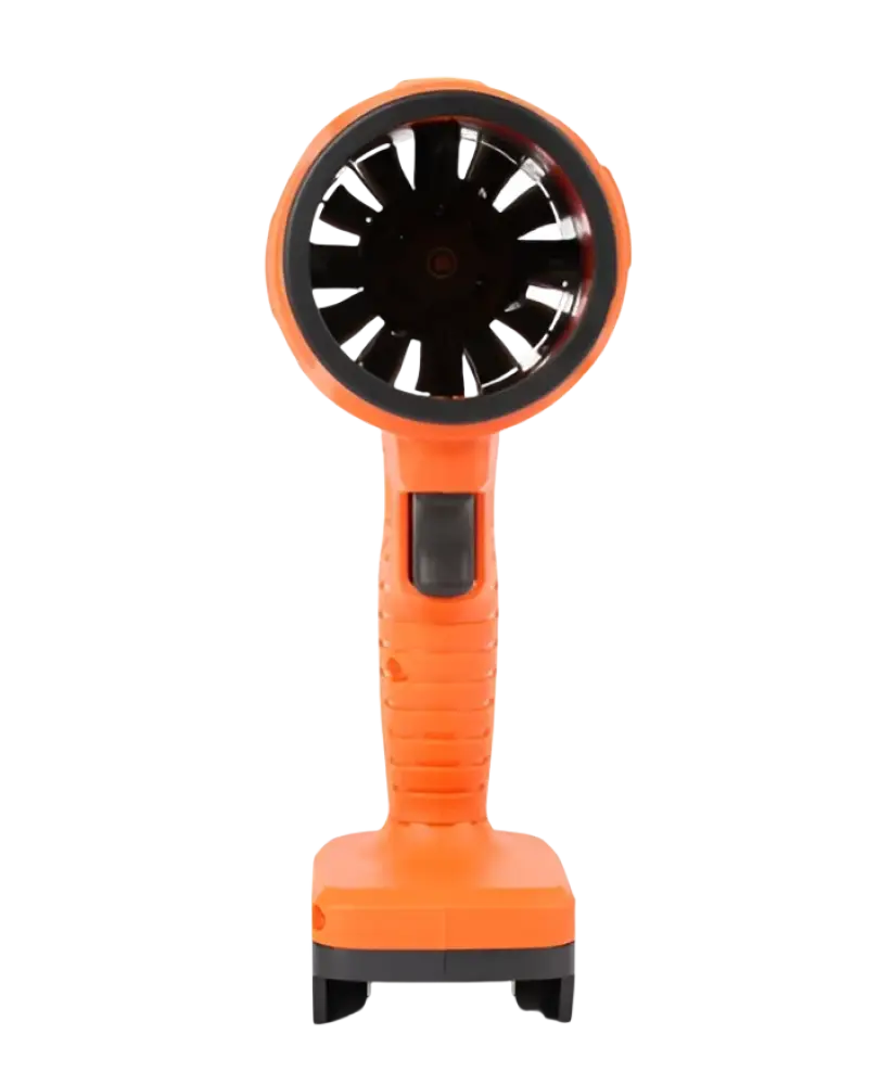 Orange käsikäyttöinen tuuletin robota akkutehopuhallin dc-ta18v rungossa jolla on musta pyöreä ritilä ja teksturoitu kahva tuottaa hyvän tehon