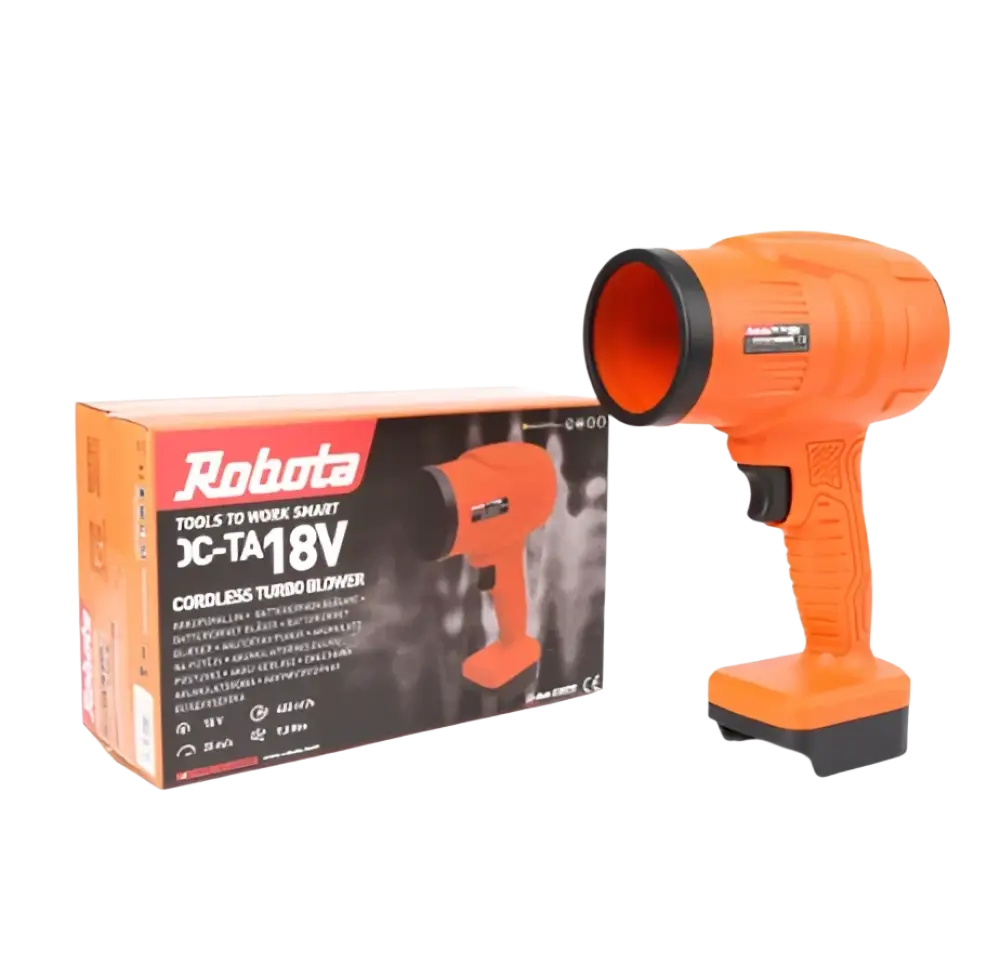 Oranssi cordless turbo blower robota akkutehopuhallin dc-ta18v runko mustilla korostuksilla ja hyvän tehon tuottava kumipintainen kahva
