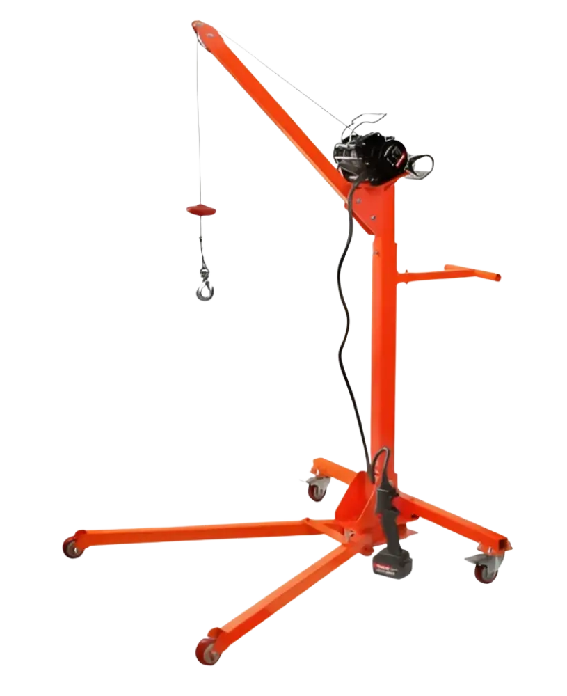 Oranssi robota akkuvinssi nostokehikolla 200kg valmis pakettitarjous mustalla moottorilla ja koukulla