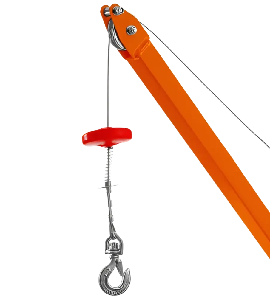 Robota akkuvinssi nostokehikolla 200kg oranssi metallikotelo punaisella kahvalla ja hopeisella koukulla valmis pakettitarjous robota