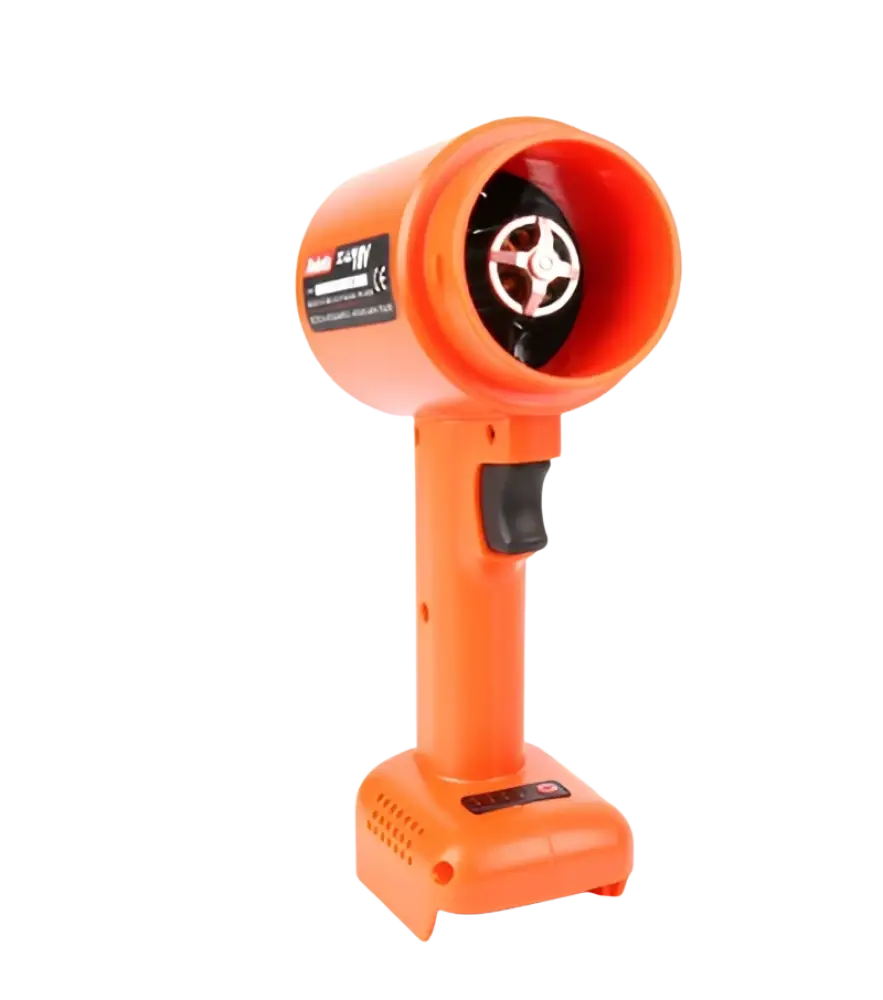 Bright orange robota dc-aj18v turbo jet tehopuhallin with black internal fan and handle power button