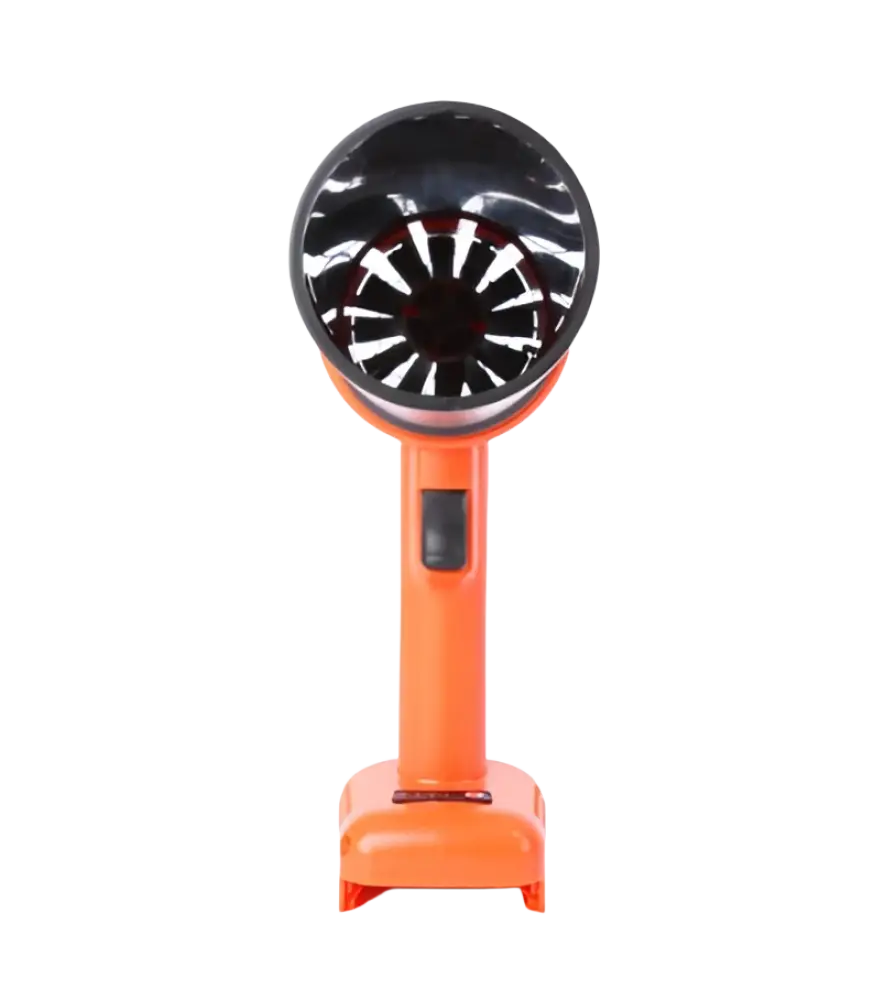 Bright orange robota dc-aj18v turbo jet tehopuhallin handheld spotlight with black circular head and fan-like interior
