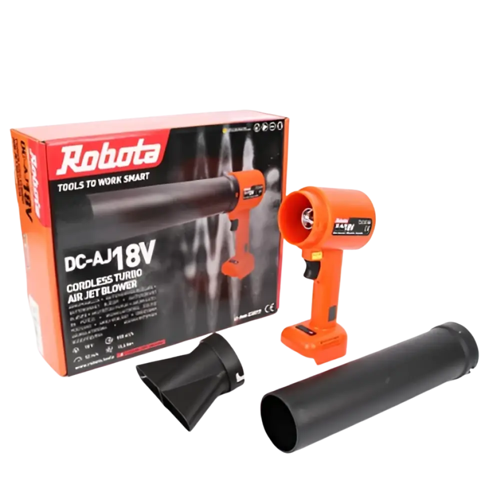 Robota dc-aj18v turbo jet tehopuhallin oranssi-musta akkukäyttöinen turbotuuletin ergonomisella muotoilulla