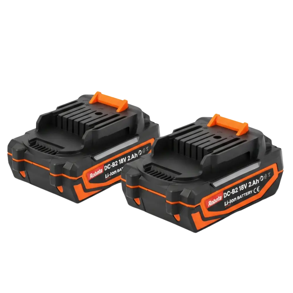 Two black and orange robota dc-b2 18v 2ah akku pack with textured grips and safety labels for robotan akkutyökaluille