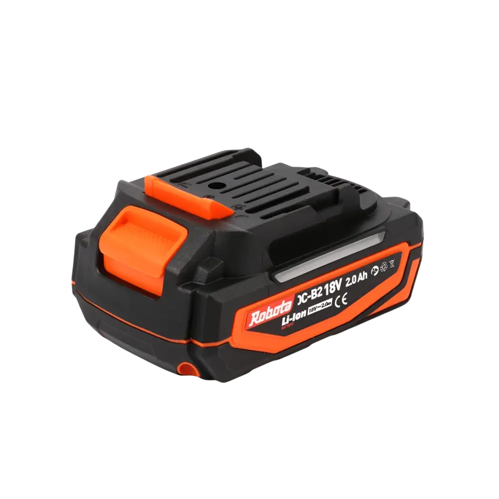 Black and orange robota dc-b2 18v 2ah akku with textured grip surfaces for robotan akkutyökaluille