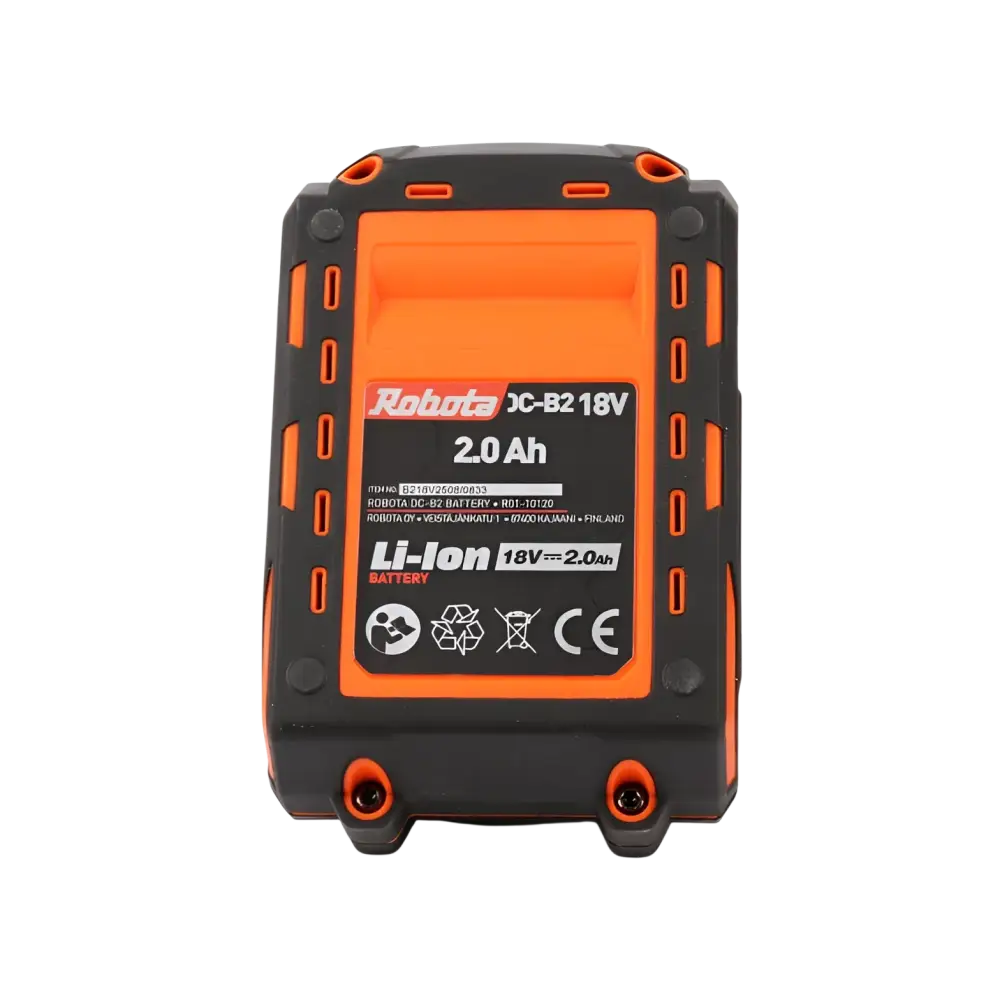 Oranssi ja musta robota dc-b2 18v 2ah akku robottityökaluille kestävässä, teksturoidussa muovikuoressa