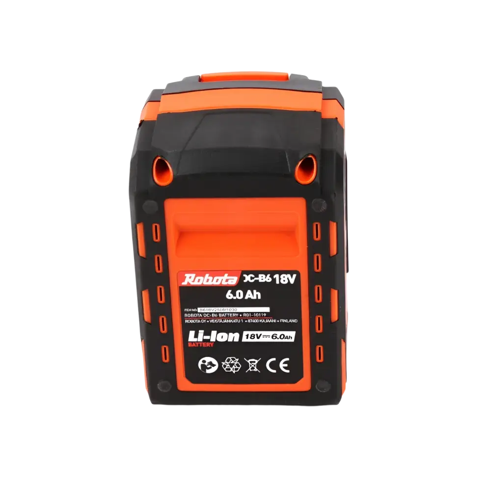 Robota dc-b6 18v 6ah akku oranssi ja musta li-ion akku kestävällä teksturoidulla pinnalla