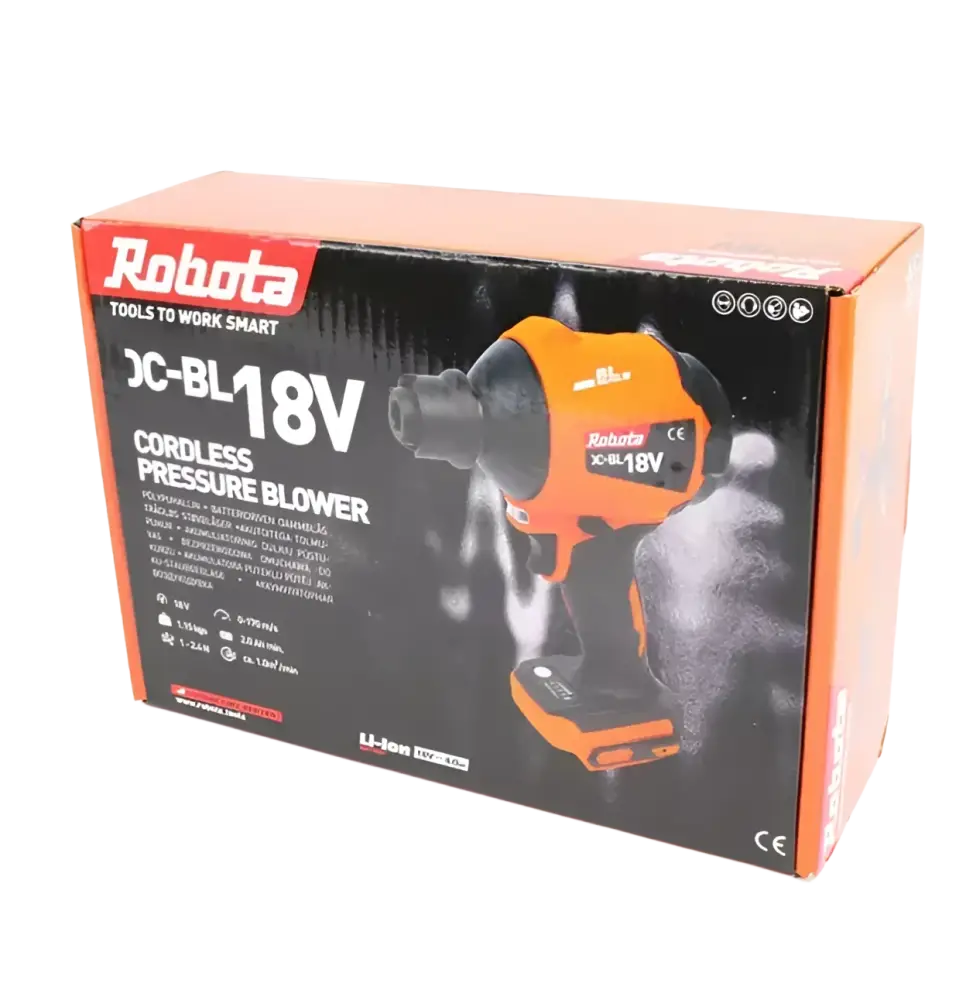 Oranssi ja musta robota dc-bl18v akkupuhalluspistooli retail-pakkauksessa näkyvillä