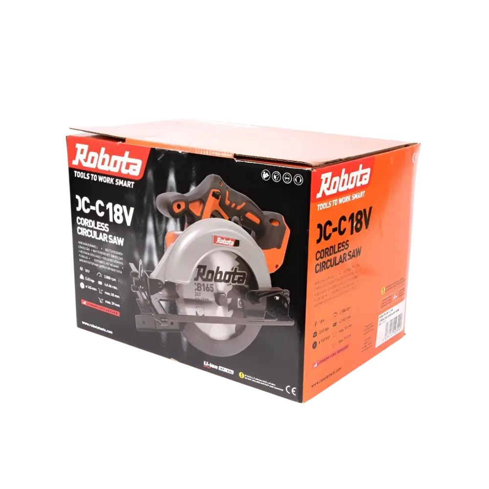 Robota dc-c18v akkukäsisirkkeli 165mm orange musta pyörösaha puutavaran tehokkaaseen sahaamiseen myyntipakkauksessa