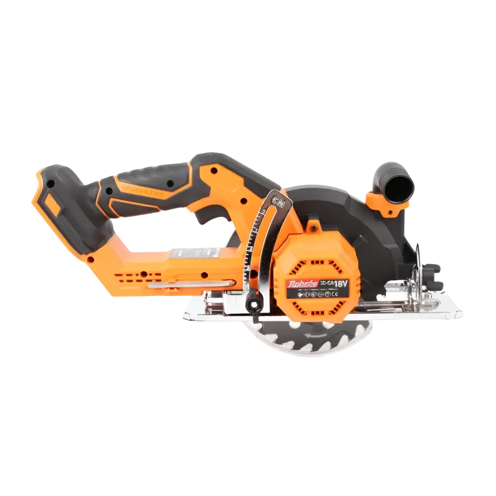 Robota dc-ca18v akkukäsisirkkeli on oranssi ja musta 18v akkukäyttöinen pyöreä sirkkeli teksturoidulla kahvalla ja metallisella suojalla