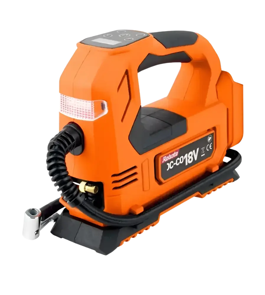 Robotan akkukäyttöinen oranssi ja musta ilmapumppu digitaalinäytöllä coiled-letku ja metallisuutin