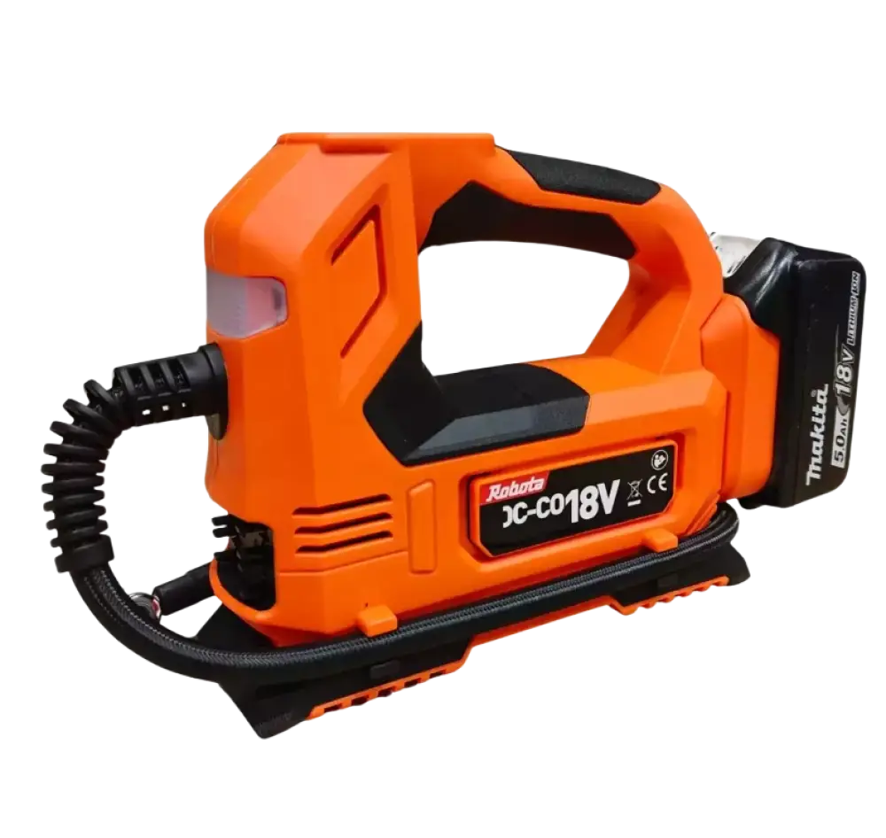 Orange ja musta makita jc-c018v akkukäyttöinen ilmapumppu robotan akkukäyttöinen ilmapumppu 5.0ah akulla