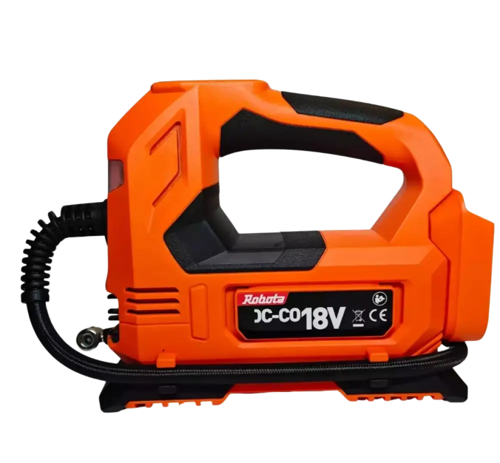 Robotec dc-c018v akkukäyttöinen ilmapumppu oranssi musta runko kierreletulla letkulla robota dc-co18v akkukompressori