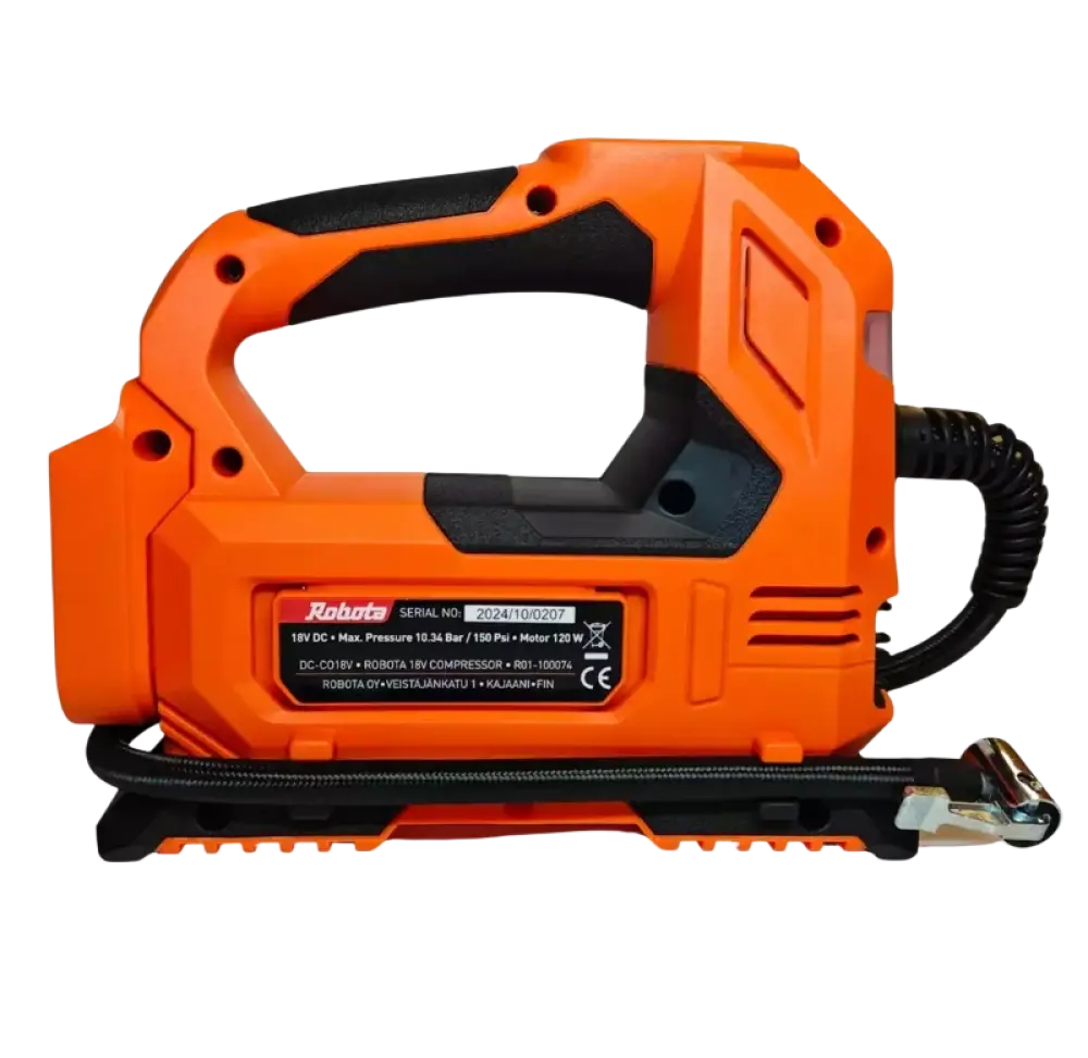 Oranssi ja musta robotan akkukäyttöinen ilmapumppu coiled letkulla ja metallisella suuttimella robota dc-co18v rungossa