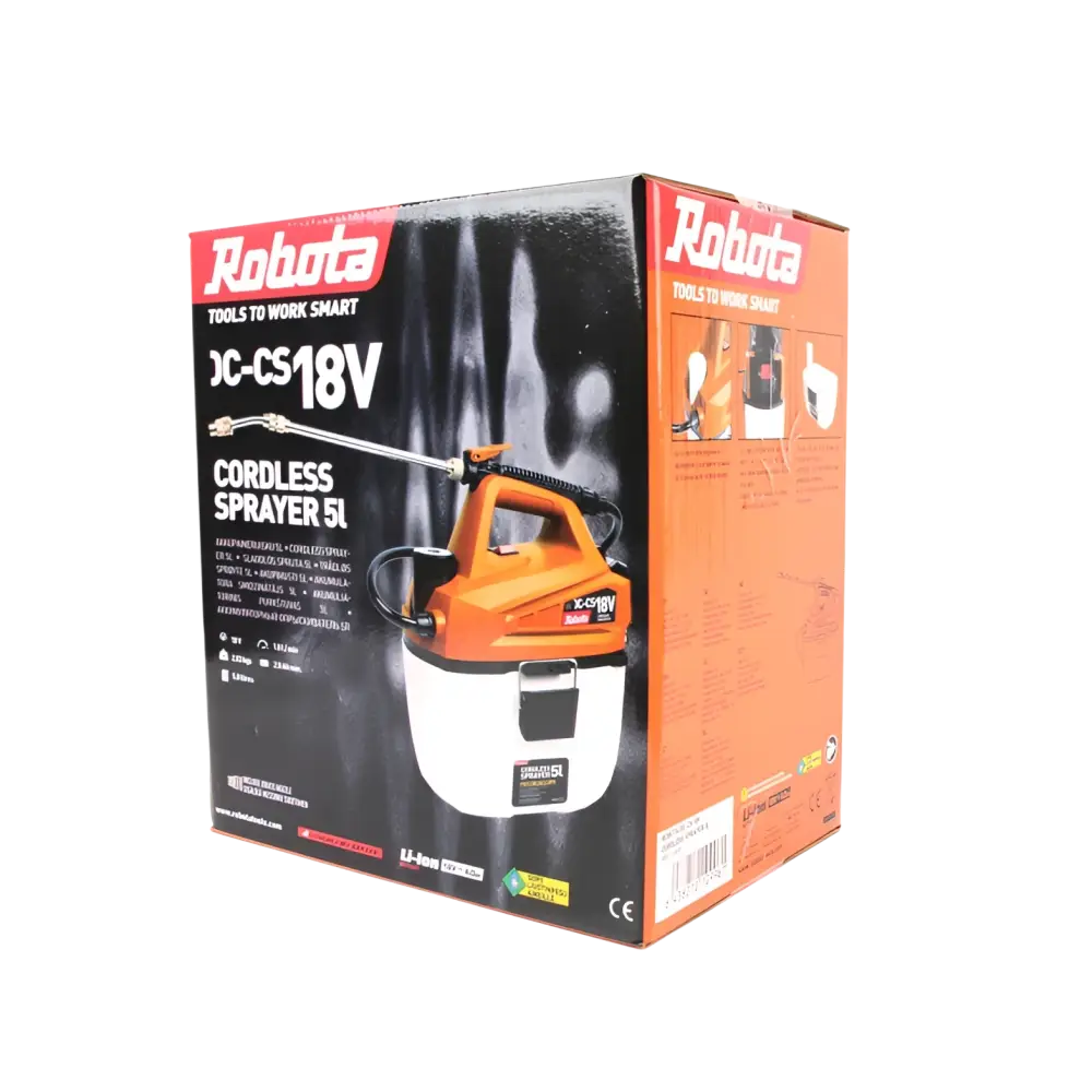 Robota dc-cs18v akkukäyttöinen ruisku sumutuspullo oranssi- valkoinen runko ja musta kahva 5l kapasiteetilla
