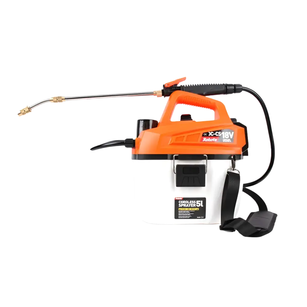 Oranssi ja valkoinen robota dc-cs18v akkukäyttöinen ruisku sumutuspullo 5 l tankilla ja säädettävällä suuttimella