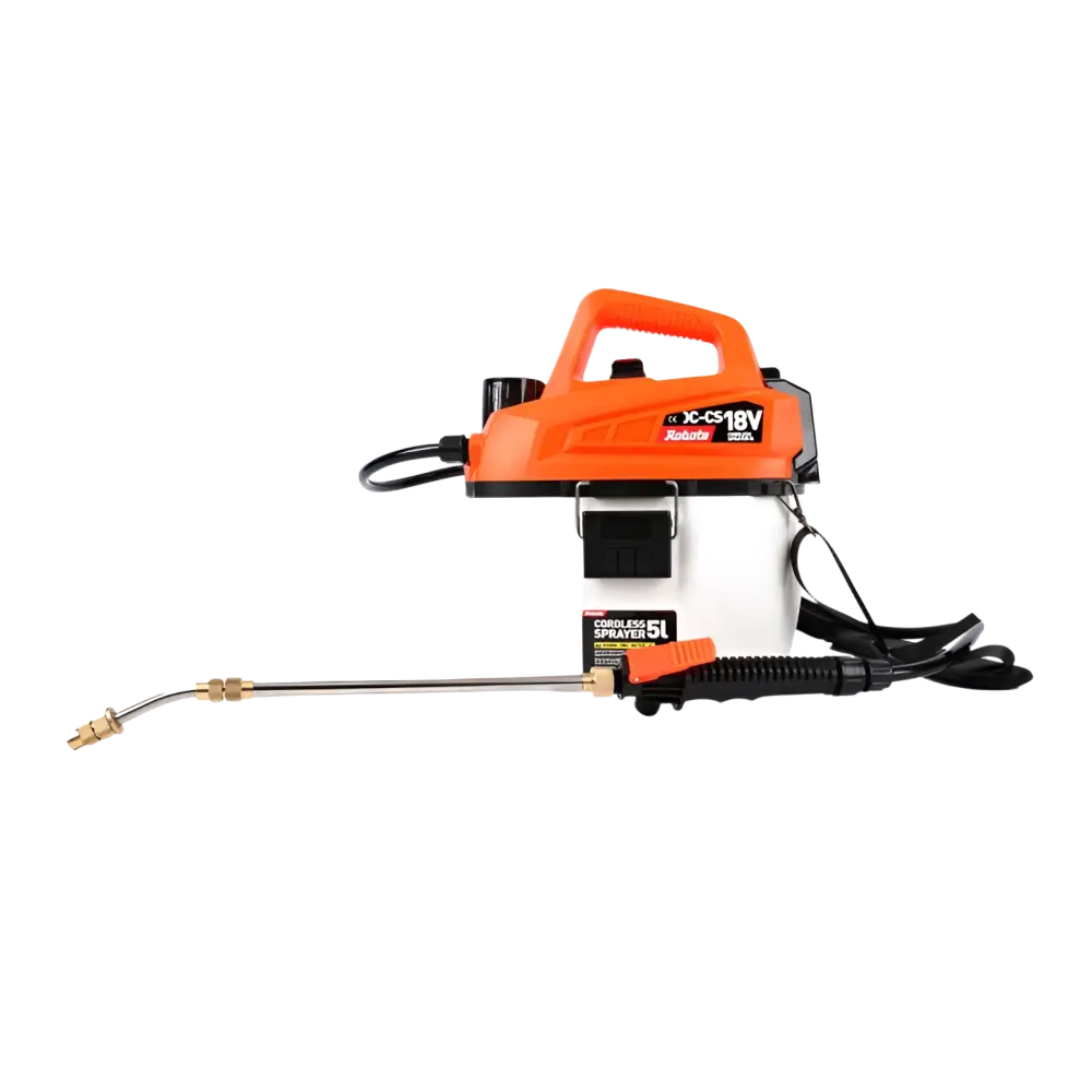 Orange ja valkoinen robota dc-cs18v akkukäyttöinen ruisku sumutuspullo mustalla letkulla ja messinkisellä suuttimella