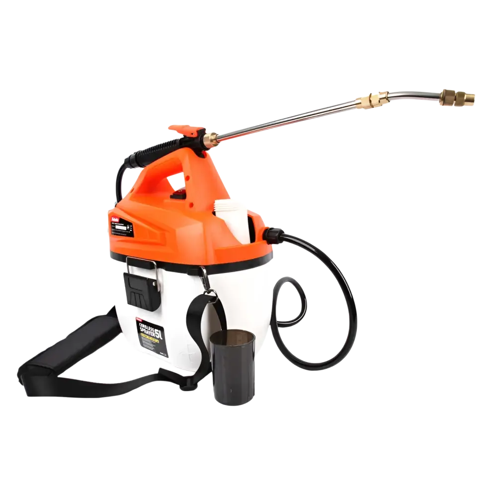 Robota dc-cs18v akkukäyttöinen ruisku sumutuspullo 5l runko oranssi ja valkoinen mustalla letkulla ja kahvalla