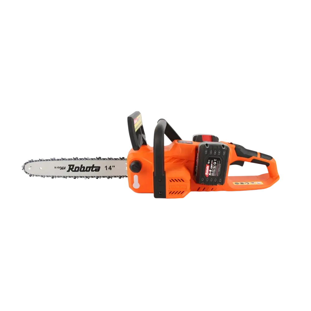 Robota dc-cs36v akkuketjusaha 36v 14 tuumaa oranssi ja musta metallisella hopeanvärisellä terällä
