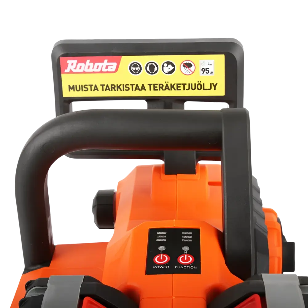 Oranssi ja musta robota dc-cs36v akkuketjusaha 36v 14 tuumaa, jossa näkyvät kahva ja turvaohjeet