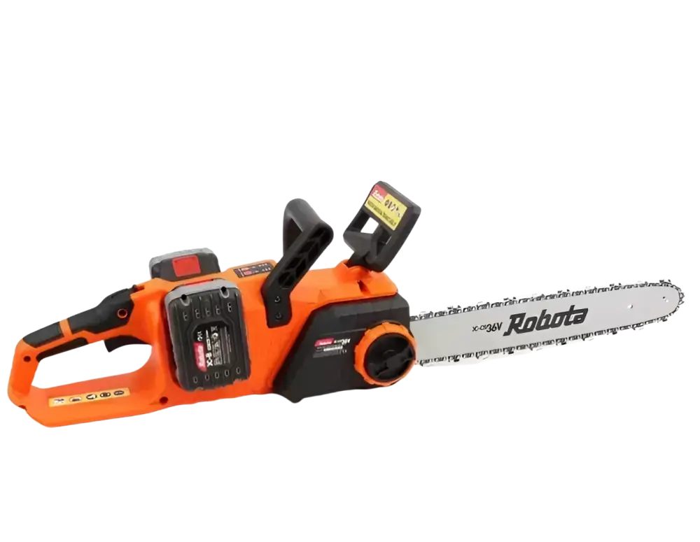 Orange ja musta robota dc-cs36v akkuketjusaha 36v runko hopeisella terällä ja hiiliharjaton moottori