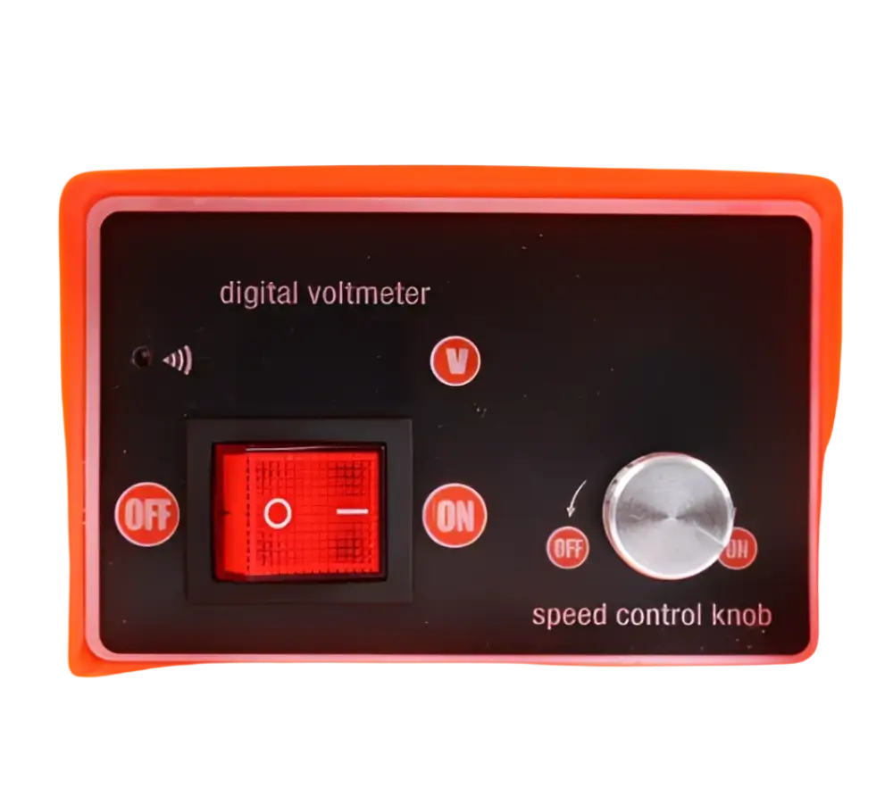 Oranssi digitaalinen volttimittari robota dc-cs6 18v akkupaineruisku 16l litran säiliöllä punaisella virtakytkimellä ja hopeisella nopeudensäätimellä