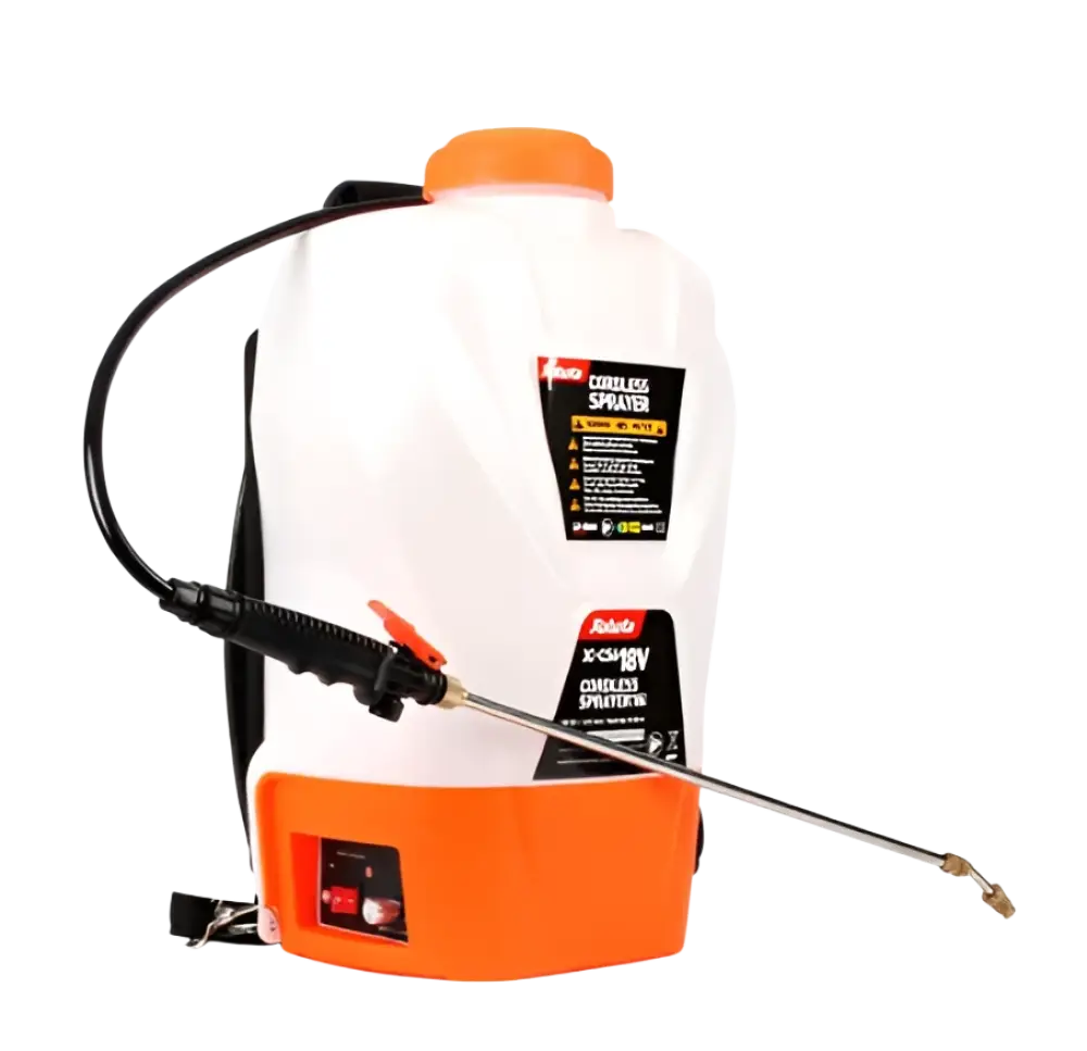 Valkoinen ja oranssi robota dc-cs6 18v akkupaineruisku 16l litran säiliöllä mustalla letkulla ja liipaisimella