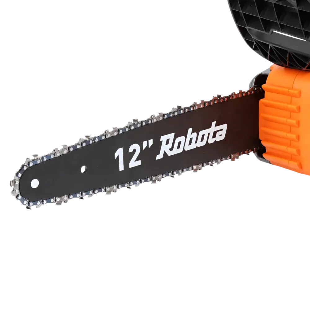 Black 12-inch chainsaw bar with silver teeth and robota branding attached to orange motor housing of dc-csa18v makita lxt 18v
