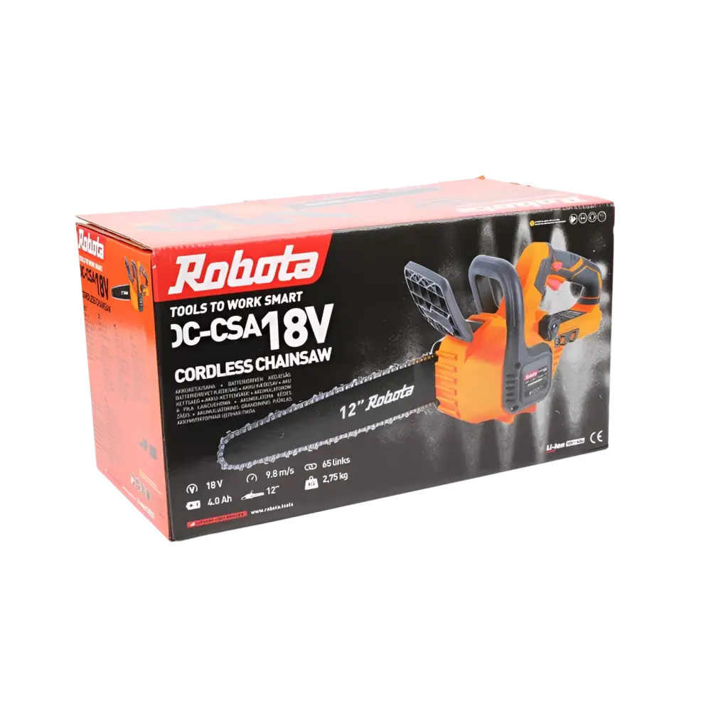 Oranssi ja musta robota dc-csa18v akkuketjusaha runko myyntipakkauksessa ja vertailussa makita lxt 18v kanssa