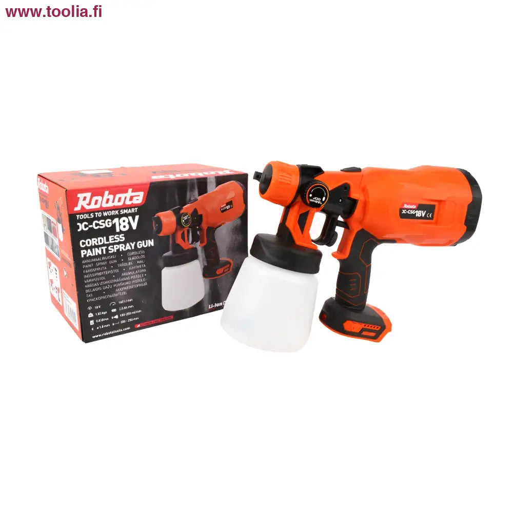 Robota DC-CSG18V akkukäyttöinen maaliruisku oranssinsinisellä rungolla valkoisella 0.8l säiliöllä suurempien kohteiden maalaamiseen