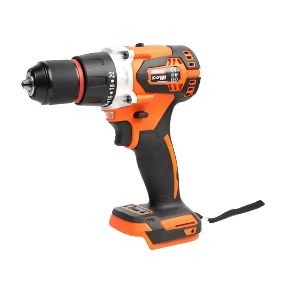 Oranssi ja musta robota dc-d18v akkuporakone 13mm istukalla teksturoidulla kahvalla ja näkyvällä akulla