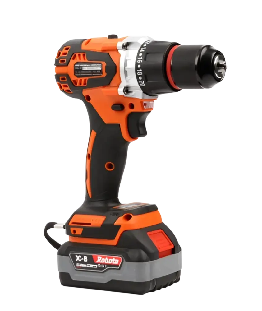 Oranssi ja musta robota akkuporakone 13mm istukalla hopeisella leukapuristimella ja akkupakkauksella