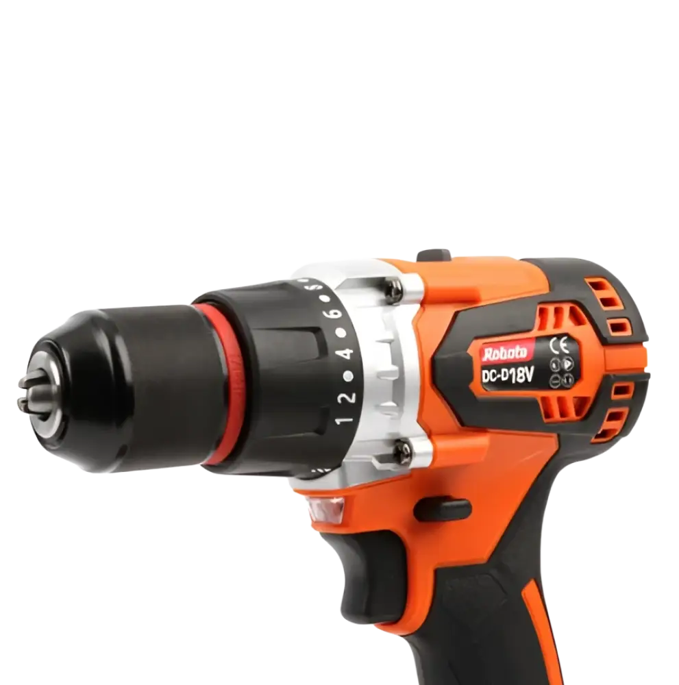 Oranssi ja musta makita robota dc-d18v akkuporakone 13mm istukalla ja hopealla vaihdevalitsimella