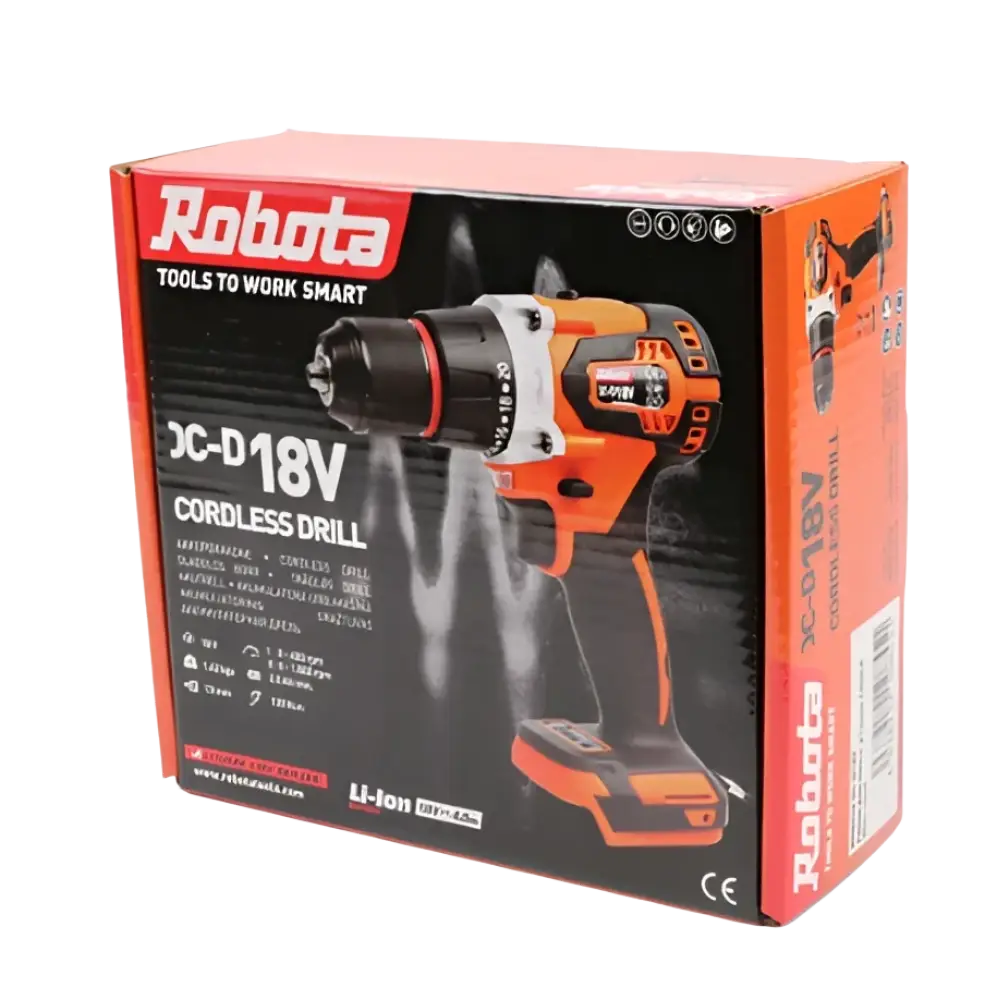 Robota dc-d18v oranssi ja musta akkuporakone 13mm istukalla kaupaksi pakkauksessa